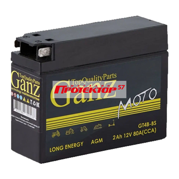 Аккумулятор GANZ AGM 2 А/ч R+ Обратная полярность EN80A 114x39x87 Болтовое мото